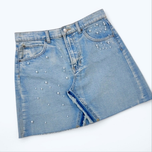Velvet Heart Pearl Embellished Denim Skirt Distressed Frayed Hem Size 25 Boho - Picture 16 of 16